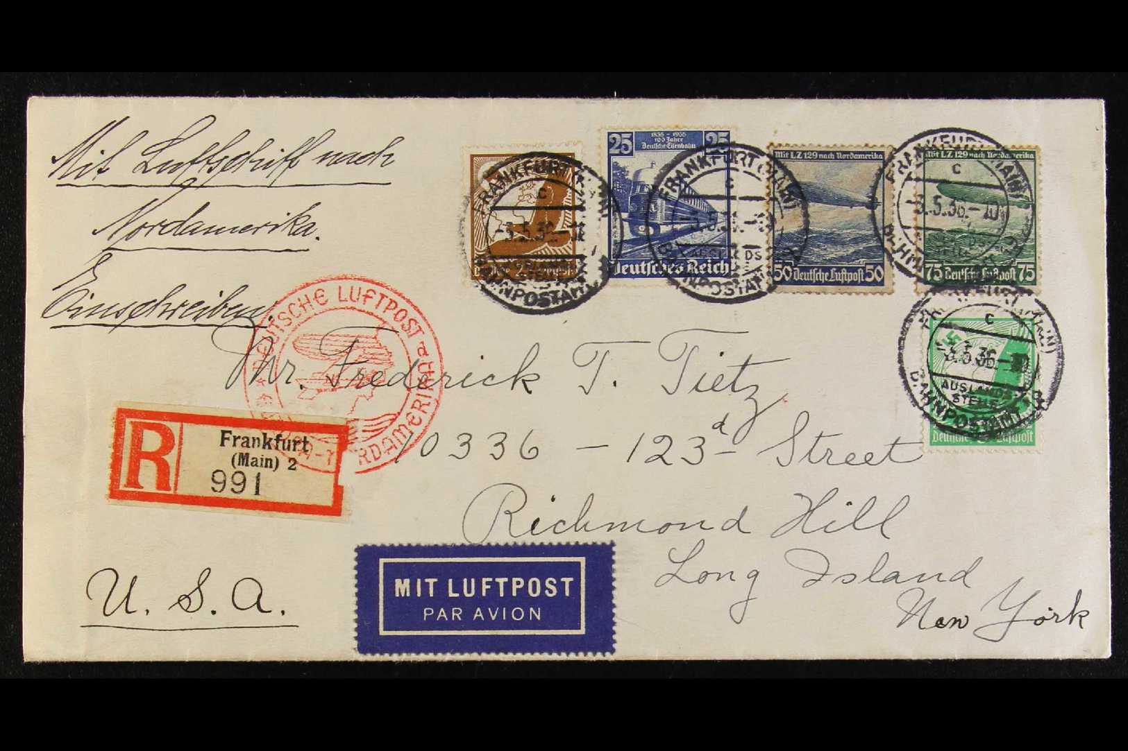 1936 AIRSHIP COVER Registered To New York And Bearing 50pf And 75pf Hindenburg Airs, 5pf And 25pf Airs, Plus 25pf Railwa - Andere & Zonder Classificatie