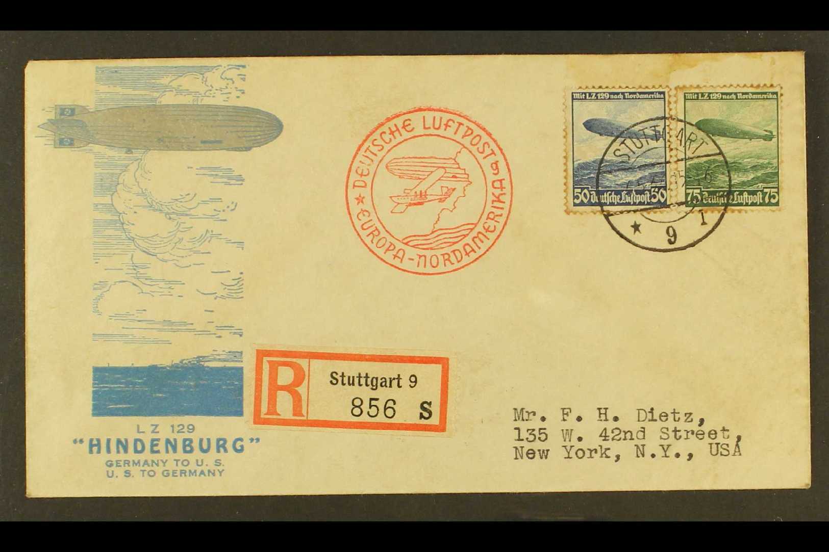 1936 HINDENBURG COVER An Illustrated "LZ 129 / Hindenburg" Registered Cover To New York, Bearing Germany 1936 50pf And 7 - Andere & Zonder Classificatie