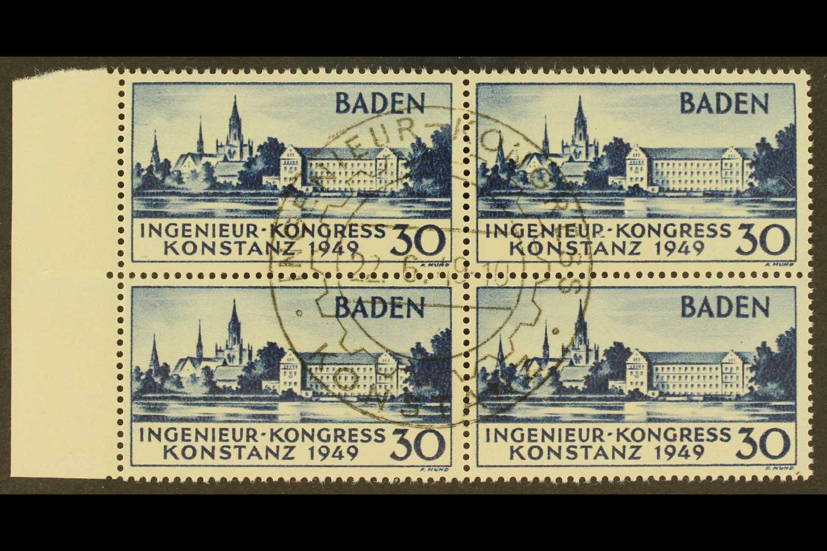 FRENCH ZONE BADEN 1949 30pf Blue Engineers' Congress (Michel 46 I, FB46), Superb Used Marginal BLOCK Of 4 With Central U - Other & Unclassified