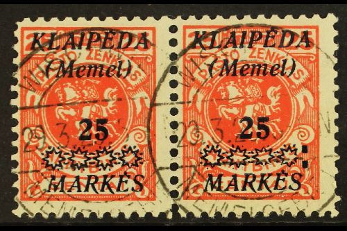 1923 25m On 25c Vermilion Overprint (Michel 137, SG 14), Fine Cds Used Horiz PAIR, The Right Stamp With 'Colon After Sta - Other & Unclassified