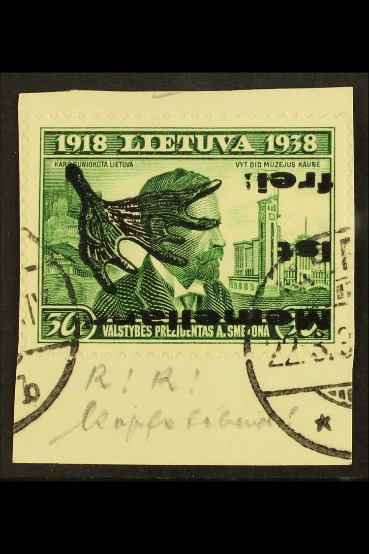 1939 30c Green With "Memelland Ist Frei" Type II INVERTED OVERPRINT Variety, Michel II K, Very Fine Used On Piece. Fresh - Autres & Non Classés