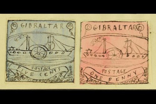 1861 HAND PAINTED STAMPS Unique Miniature Artworks Created By A French "Timbrophile" In 1861. Two "essays" Depicting A S - Gibraltar