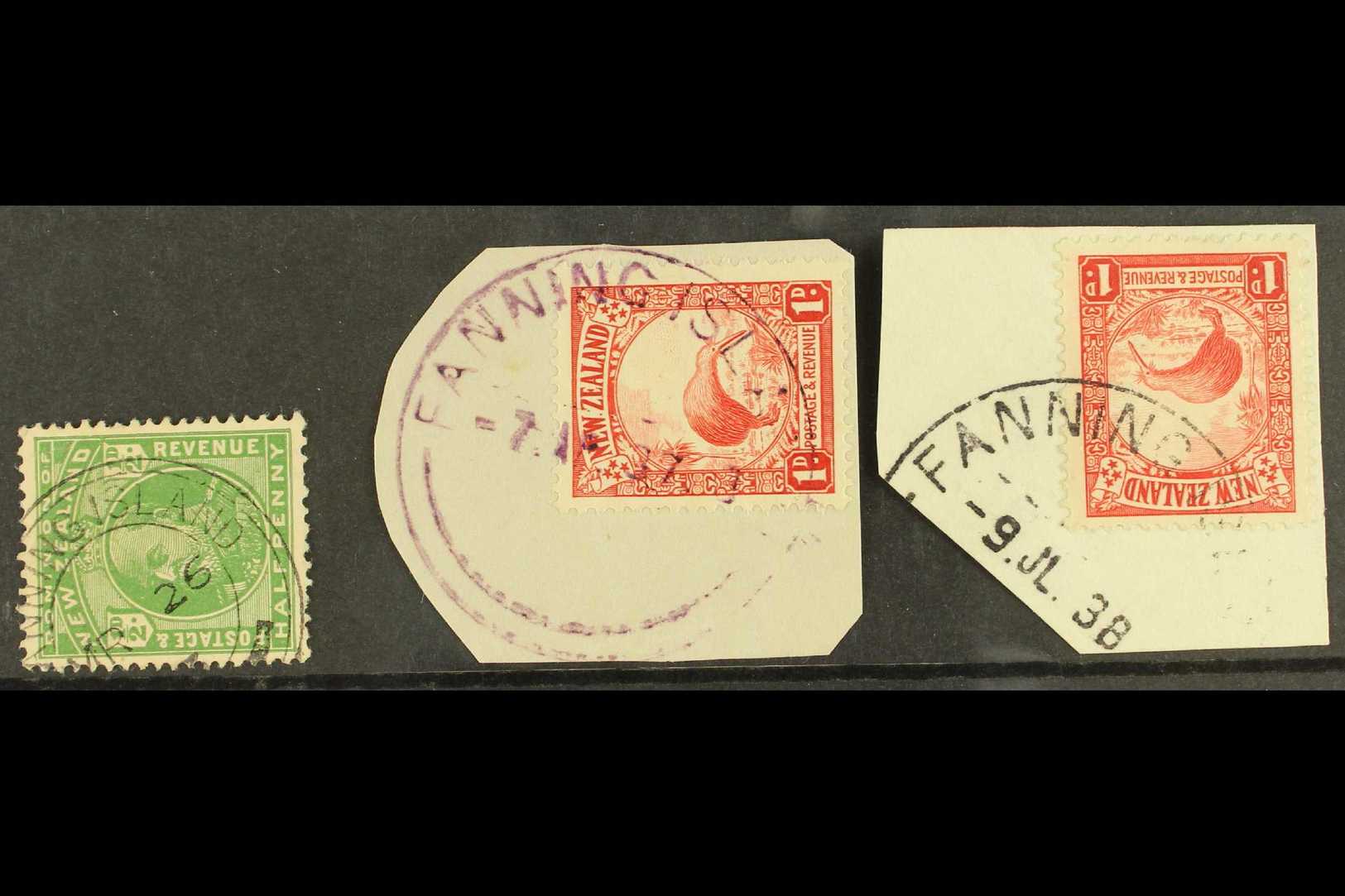 FANNING ISLAND New Zealand Used In, With 1909-12 KE ½d With Type Z1 Cds, Then 1d Kiwi On Two Pieces With 1937 (violet) A - Gilbert- En Ellice-eilanden (...-1979)