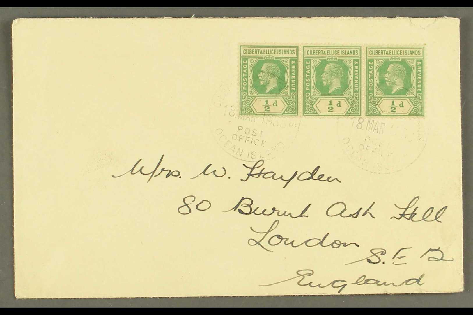 OCEAN ISLAND 1938 Cover Bearing KGV ½d X3 Cancelled With Two Light & Clear Strikes Of "Gilbert & Ellice Islands / Ocean  - Îles Gilbert Et Ellice (...-1979)