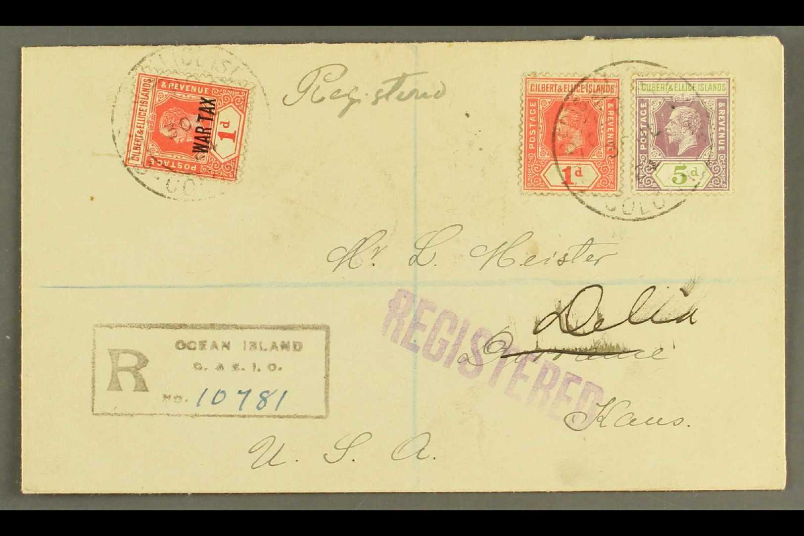 OCEAN ISLAND 1924 Registered Cover To USA, Bearing KGV 1d & 5d, With Additional 1d "War Tax" Stamp, Cancelled With "G.P. - Gilbert & Ellice Islands (...-1979)