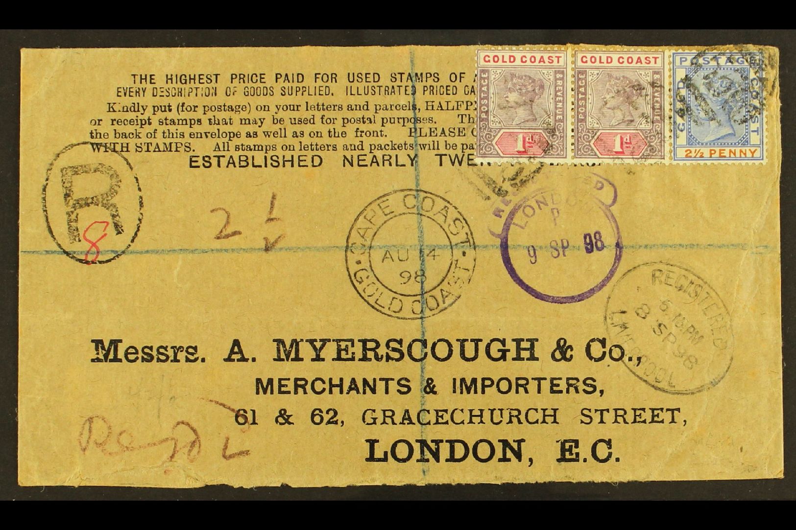 1898 (14 Aug) Registered Cover With Printed Stamp Dealer's Advert Addressed To London, Bearing 1884-91 2½d & 1898-1902 1 - Goudkust (...-1957)