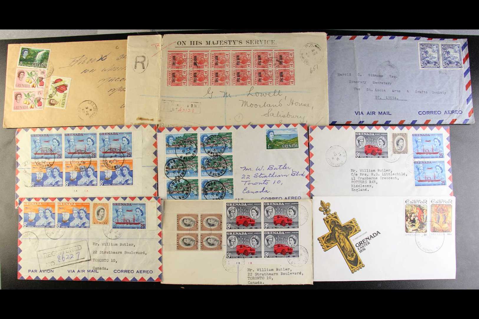 COVERS Small Group Incl. Nice KGV War Tax 1d Block Of 12 On 1919 O.H.M.S. Cover, Five Airmail Covers With Multiple Frank - Grenada (...-1974)