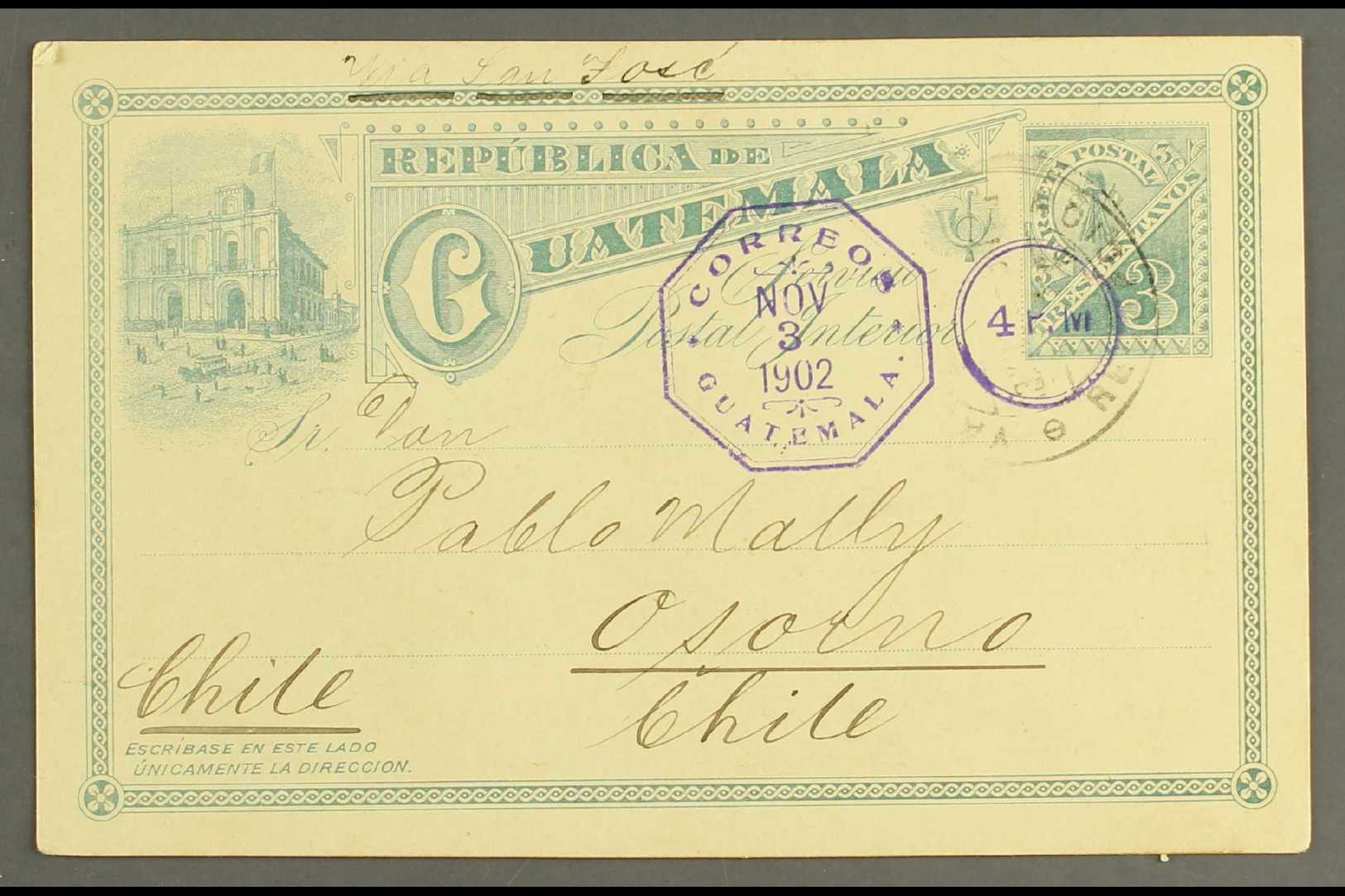 1902 (3 Nov) 3c Bluish-green Postal Stationery Card Commercially Used From Guatemala City To Chile Showing A Fine Violet - Guatemala