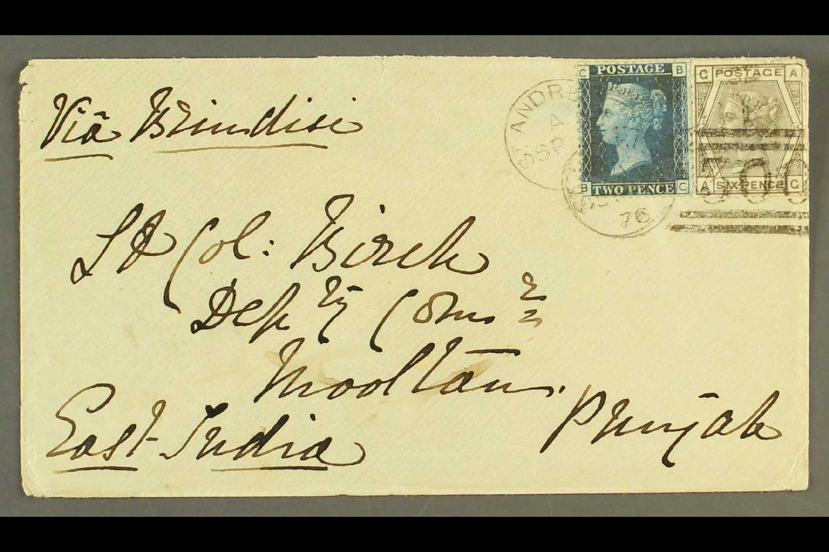 1876 (Sept) Env From St Andrews (Scotland) To A Lt Col Birch At Mooltan, Punjab, East India Bearing GB 1858-79 2d Blue P - Autres & Non Classés