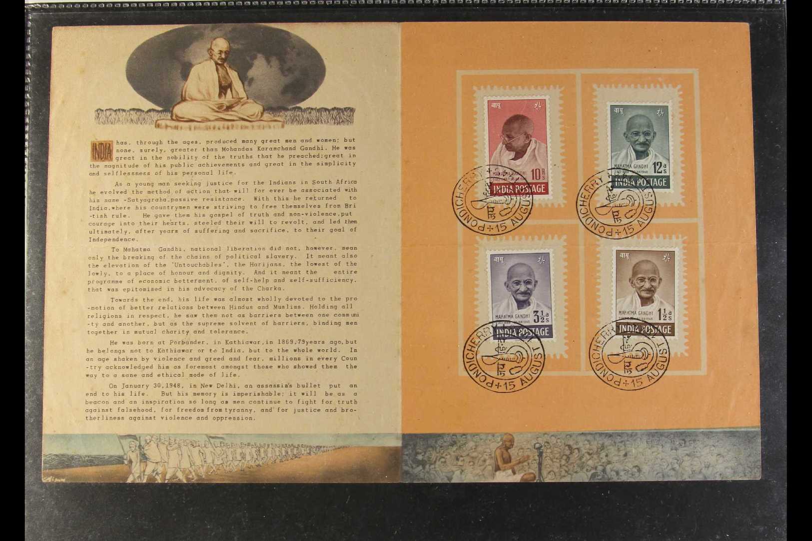 1948 (15 Aug) Gandhi Set Complete (SG 305/8) Tied To Official Special Illustrated Memorial Folder By "PONDICHERRY" Comme - Other & Unclassified