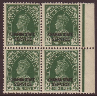 CHAMBA OFFICIAL 1938-40 KGVI 9p Green, SG O66, Never Hinged Mint Marginal BLOCK OF FOUR. For More Images, Please Visit H - Autres & Non Classés