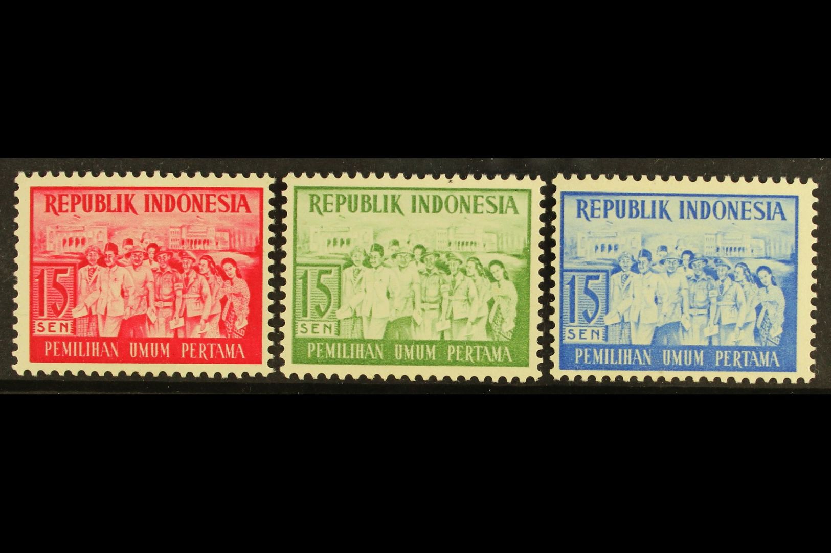 1955 RARE PROOFS. 15s Elections Perf PROOFS In Three Different Colours (red, Green & Blue) On Ungummed Paper, Catalogue  - Indonesië