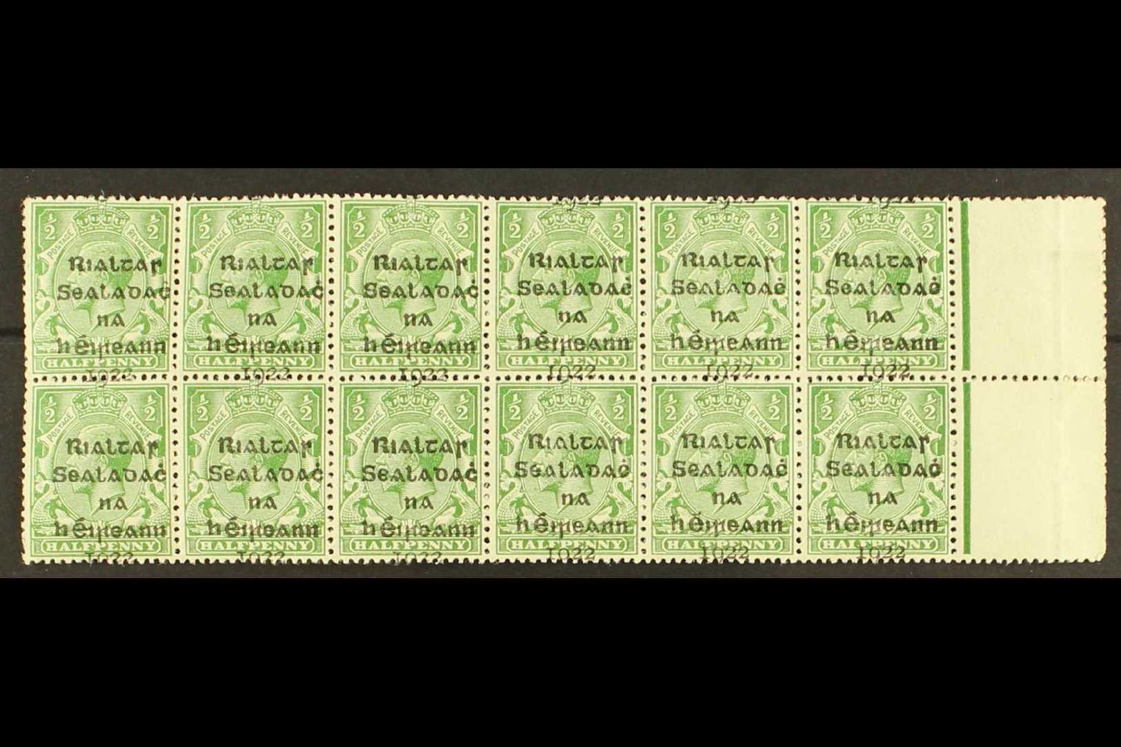 1922 DOLLARD ½d Green, Right Marginal Block Of Twelve (6x2), Showing Large Overprint Shift, Resulting In "1922" Being Ac - Other & Unclassified