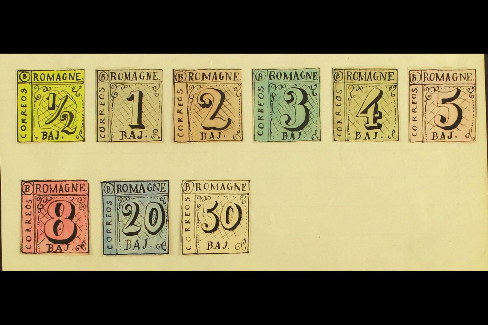 1861 HAND PAINTED STAMPS Unique Miniature Artworks Created By A French "Timbrophile" In 1861. ROMAGNA Nine Different Val - Non Classés