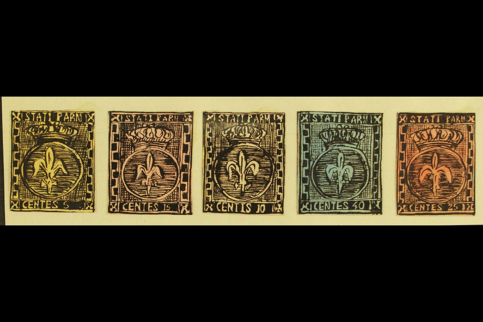 1861 HAND PAINTED STAMPS Unique Miniature Artworks Created By A French "Timbrophile" In 1861. PARMA Five Values, Similar - Zonder Classificatie