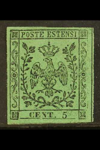 MODENA 1852 5c Green, Sass 1, Variety "no Stop After 5", Very Fine Mint Og With Large Margins All Round. Signed Diena. R - Unclassified