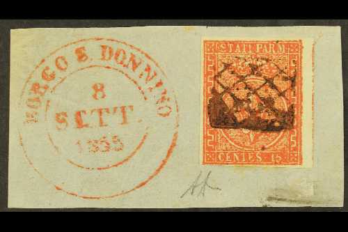 PARMA 1853 15c Vermilion, Sass 7, Superb Used With Clear To Large Margins On Piece With Boxed Grid Cancel And Associated - Unclassified