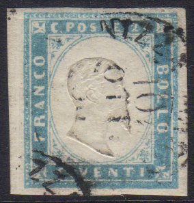 SARDINIA 1855 20c Cobalto Latteo Chiaro, Sassone 15c, Fine Used, Four Large Margins, Signed & Shade Identified By Sorani - Zonder Classificatie