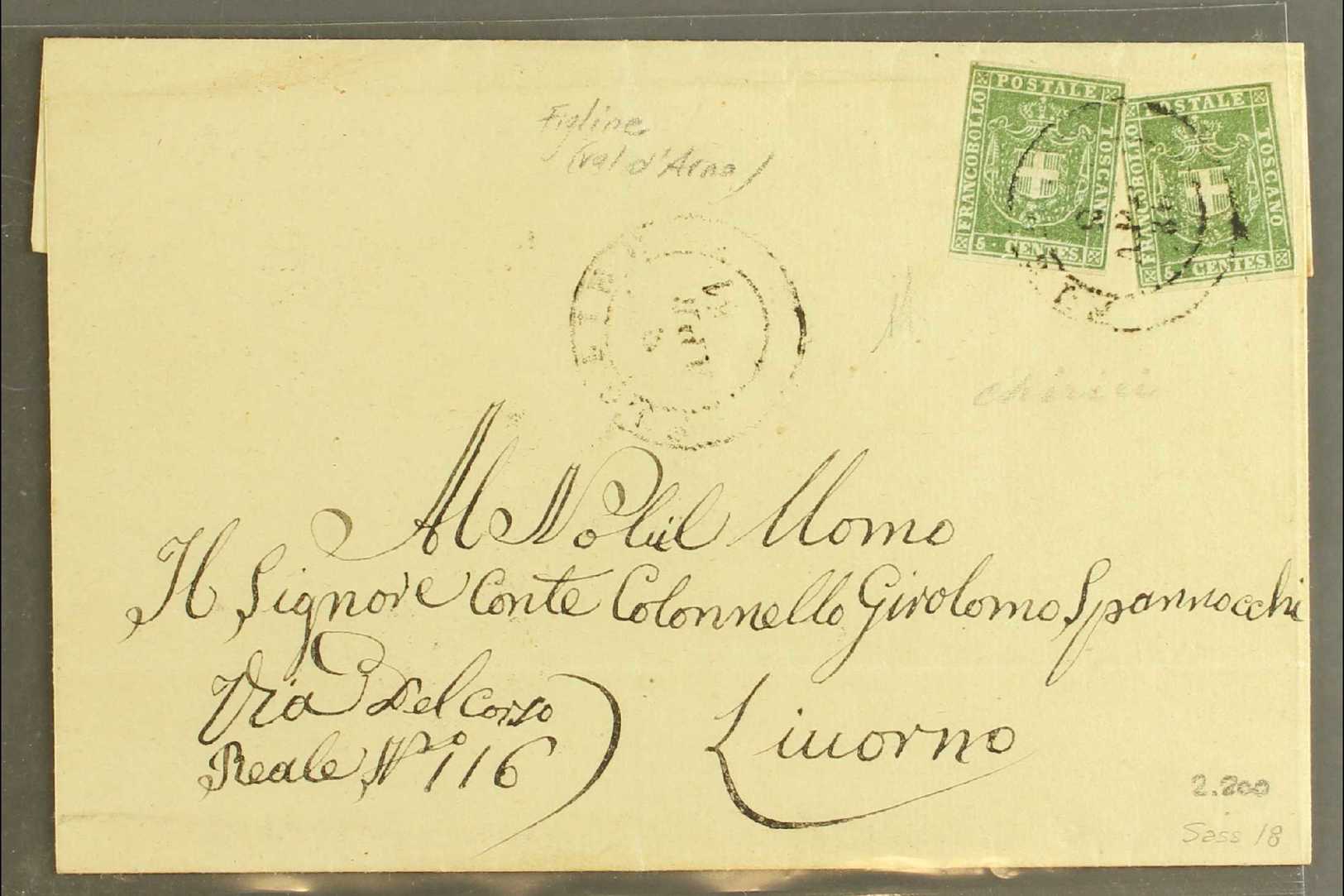 TUSCANY 1861 Cover Addressed To Count Colonel Girolom Spannocchi Franked 1860 5c Green (2) Sent From Florence To Livorno - Zonder Classificatie