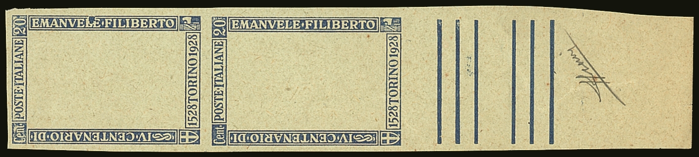 1928 20c Ultramarine And Brown, Filiberto, Outer Frame Proof In Ultramarine, Sas 226var, Marginal Vertical Pair On Ungum - Unclassified