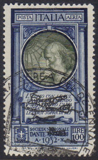 1932 100L Blue And Olive Dante Society Air Post, Sassone 41, Superb Genuine Used With Lovely Illustrated Air Cruise Circ - Unclassified