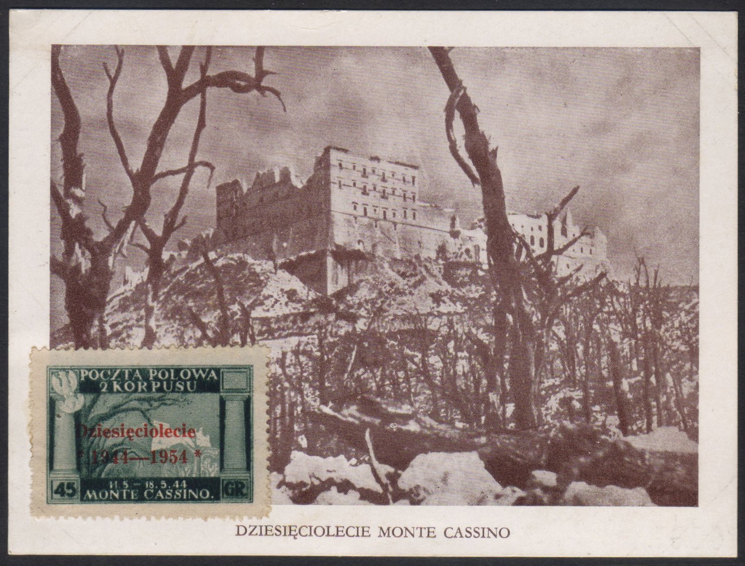 POLISH CORPS IN ITALY 1954 10th Anniversary Of Monte Cassino, 45gr Dark Green , Variety "ovptd In Vermilion", Sass 7, Ve - Unclassified