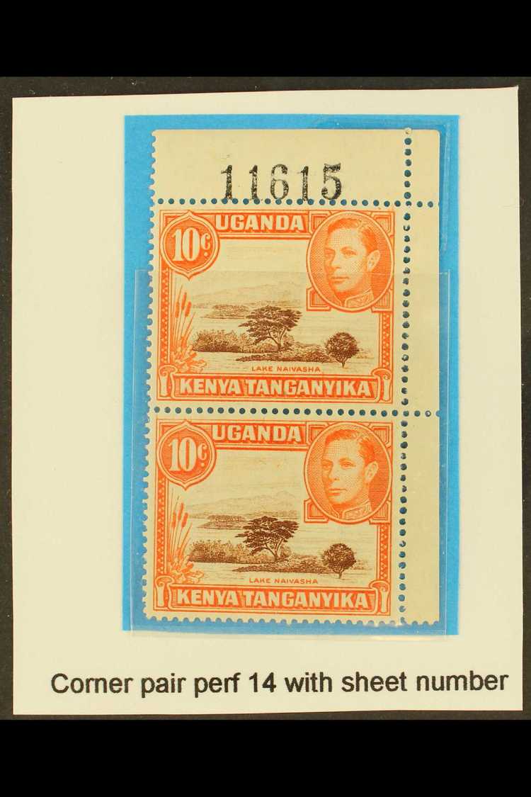 1941 10c Red-brown And Orange, Perf 14, SG 134b, A Never Hinged Mint CORNER PAIR With Sheet Number In Top Margin. (2 Sta - Vide