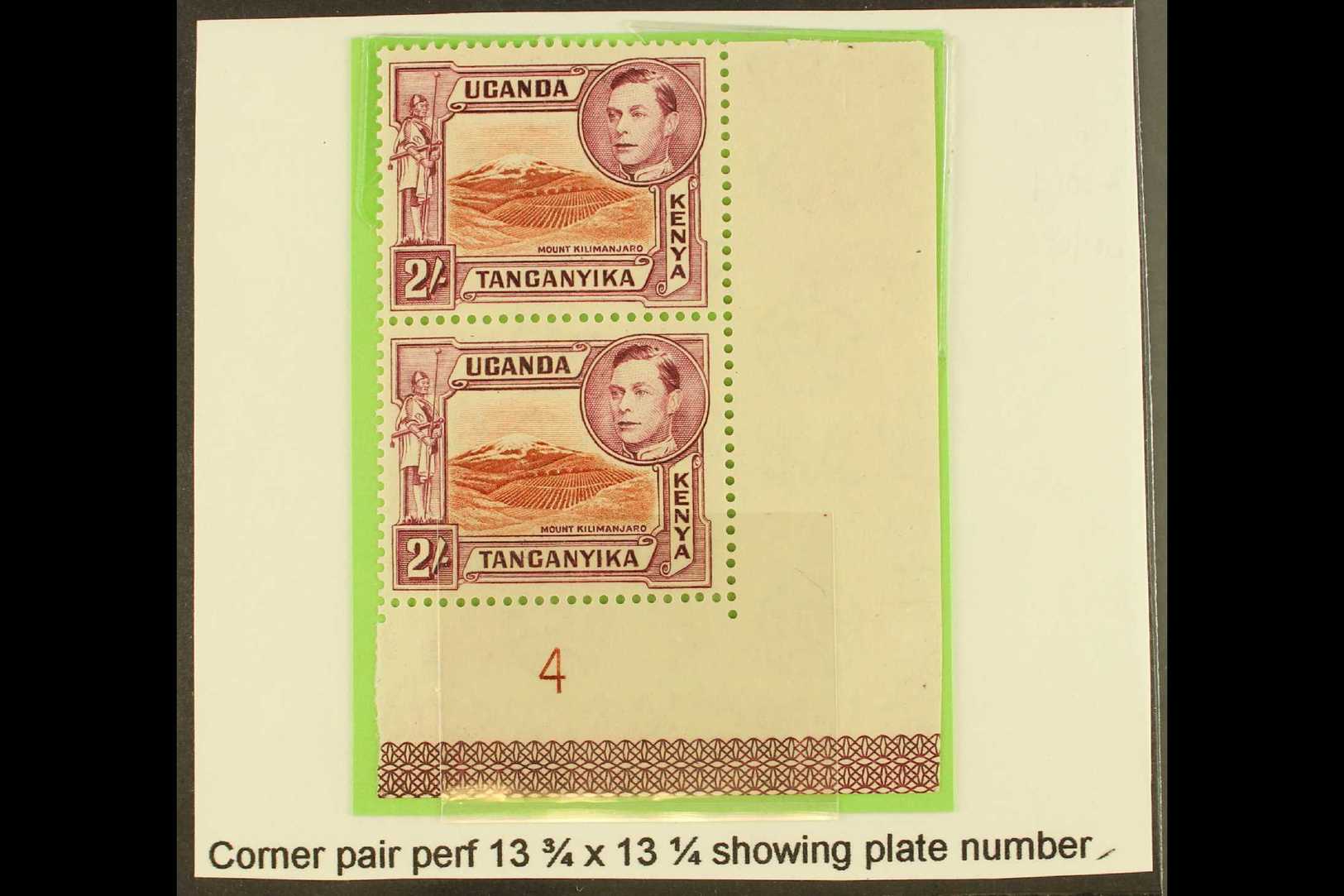 1944 2s Lake-brown And Brown-purple, Perf 13¼ X 13¾,  SG 146b, A Never Hinged Mint Vertical CORNER PAIR Showing  Plate N - Vide
