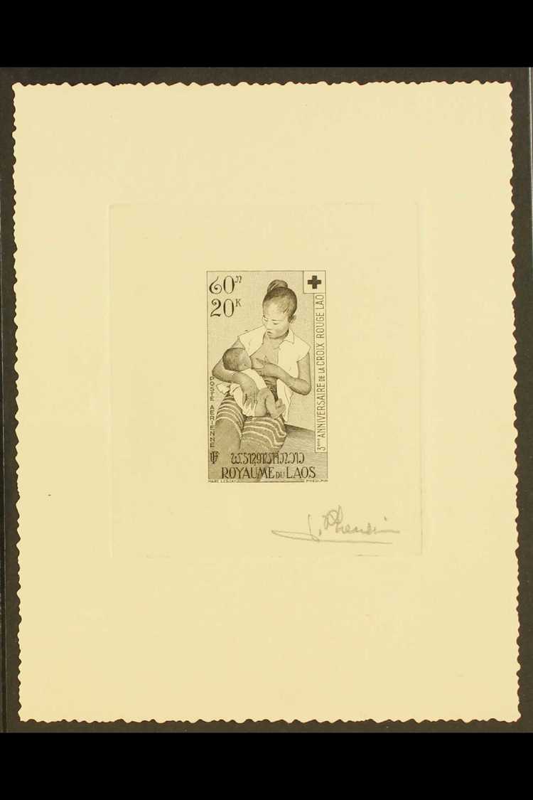 1958 SIGNED SUNKEN IMPERF DIE PROOF For The 20k Air Red Cross Issue (Yvert 34, SG 84), Printed In Black On Card, Overall - Laos
