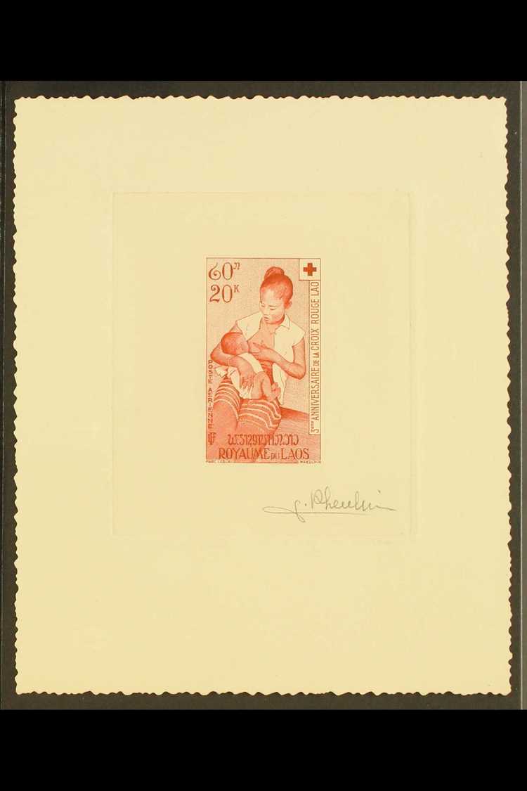 1958 SIGNED SUNKEN IMPERF DIE PROOF For The 20k Air Red Cross Issue (Yvert 34, SG 84), Printed In Red On Card, Overall S - Laos