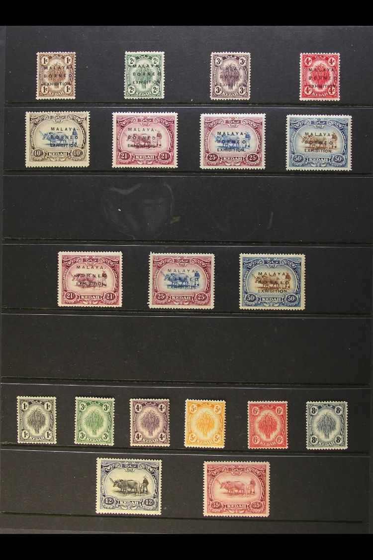 KEDAH 1922-40 COMPLETE MINT RUN On A Stock Page. Includes 1922 "Malaya- Borneo Exhibition" Set (SG 41/48), Long Overprin - Autres & Non Classés