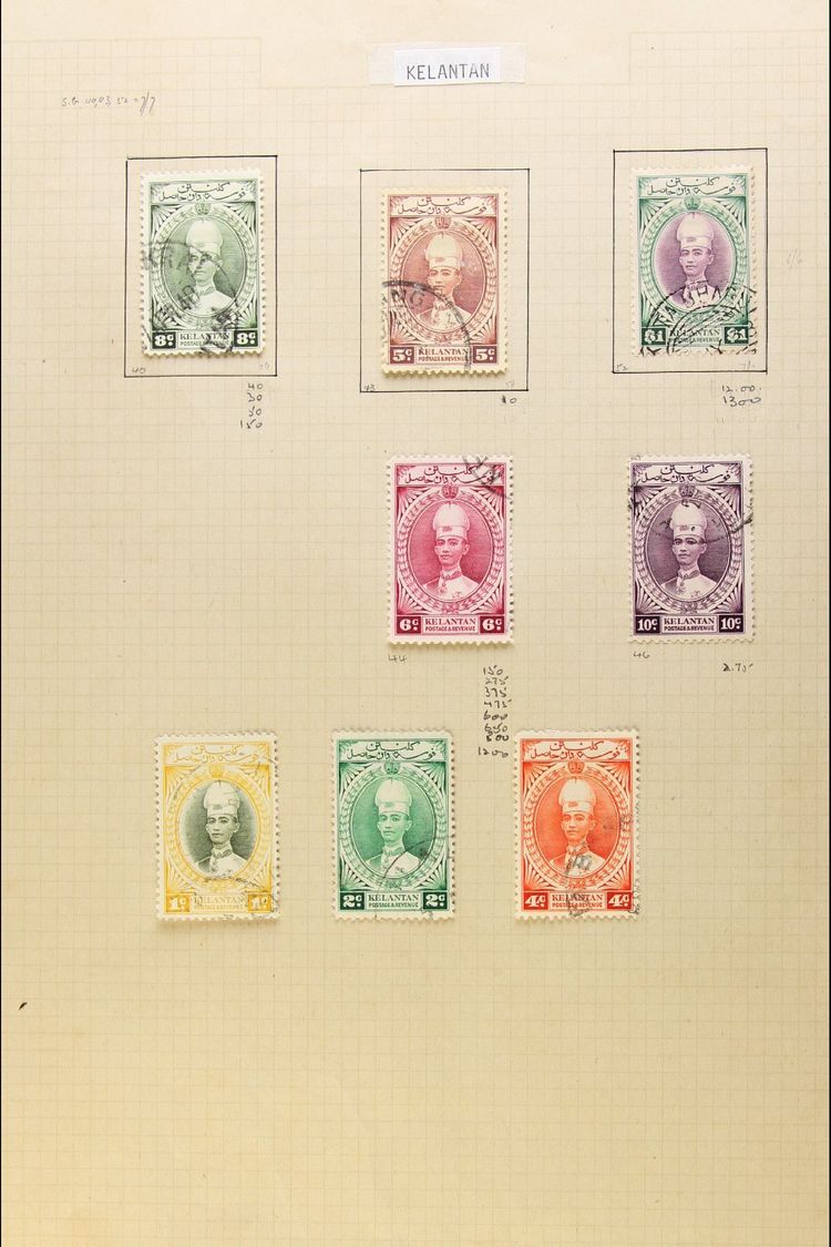 KELANTAN 1937-85 USED COLLECTION On Album Pages. Includes 1937 Ismail Range To $1, 1951 Ibrahim To 50c Inc 20c & 40c, 19 - Other & Unclassified