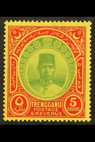 TRENGGANU $5 Green And Red On Yellow, Wmk Script CA, Sultan Suleiman, SG 44, Very Fine And Fresh Mint. Scarce Stamp. For - Autres & Non Classés