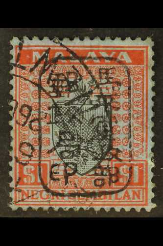 GENERAL ISSUES $1 Black And Red On Blue Of Negri Sembilan Ovptd Single Frame Chop, SG J171, Very Fine Used. Scarce. For  - Other & Unclassified