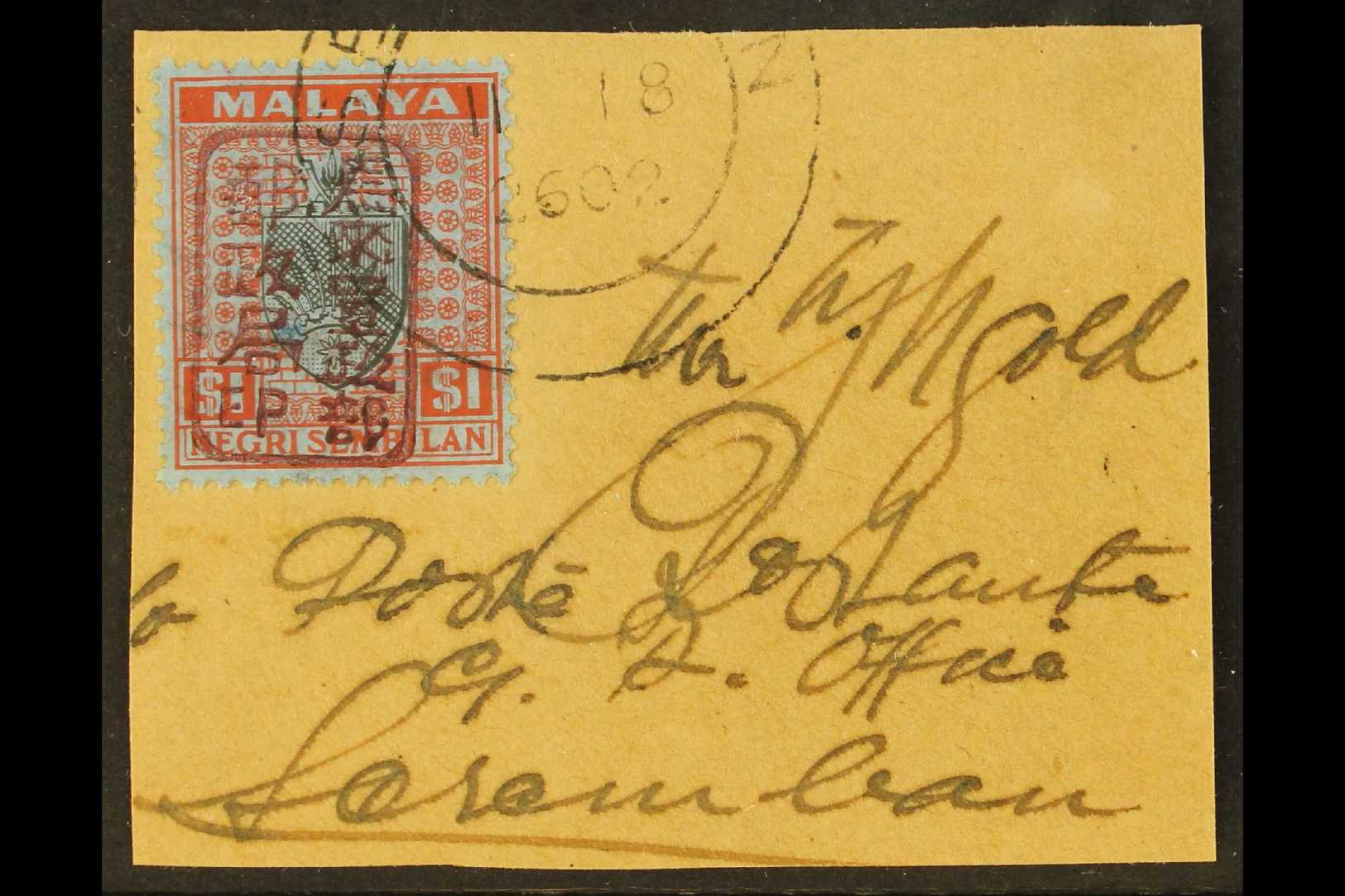 GENERAL ISSUES $1 Black And Red On Blue Of Negri Sembilan Ovptd Single Frame Chop In Red, SG J174a,  Superb Tied On Piec - Altri & Non Classificati