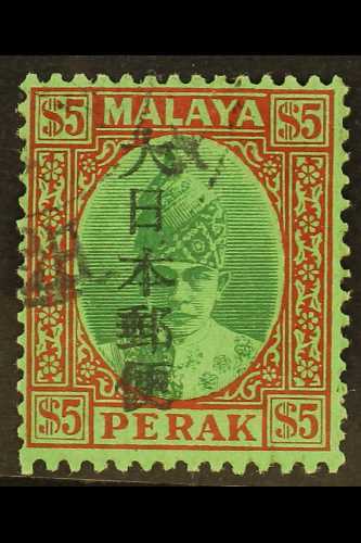 PERAK $5 Green And Red On Emerald, Ovptd "Japanese Postal Service" In Kanji Characters, SG J280, Very Fine Used. For Mor - Andere & Zonder Classificatie