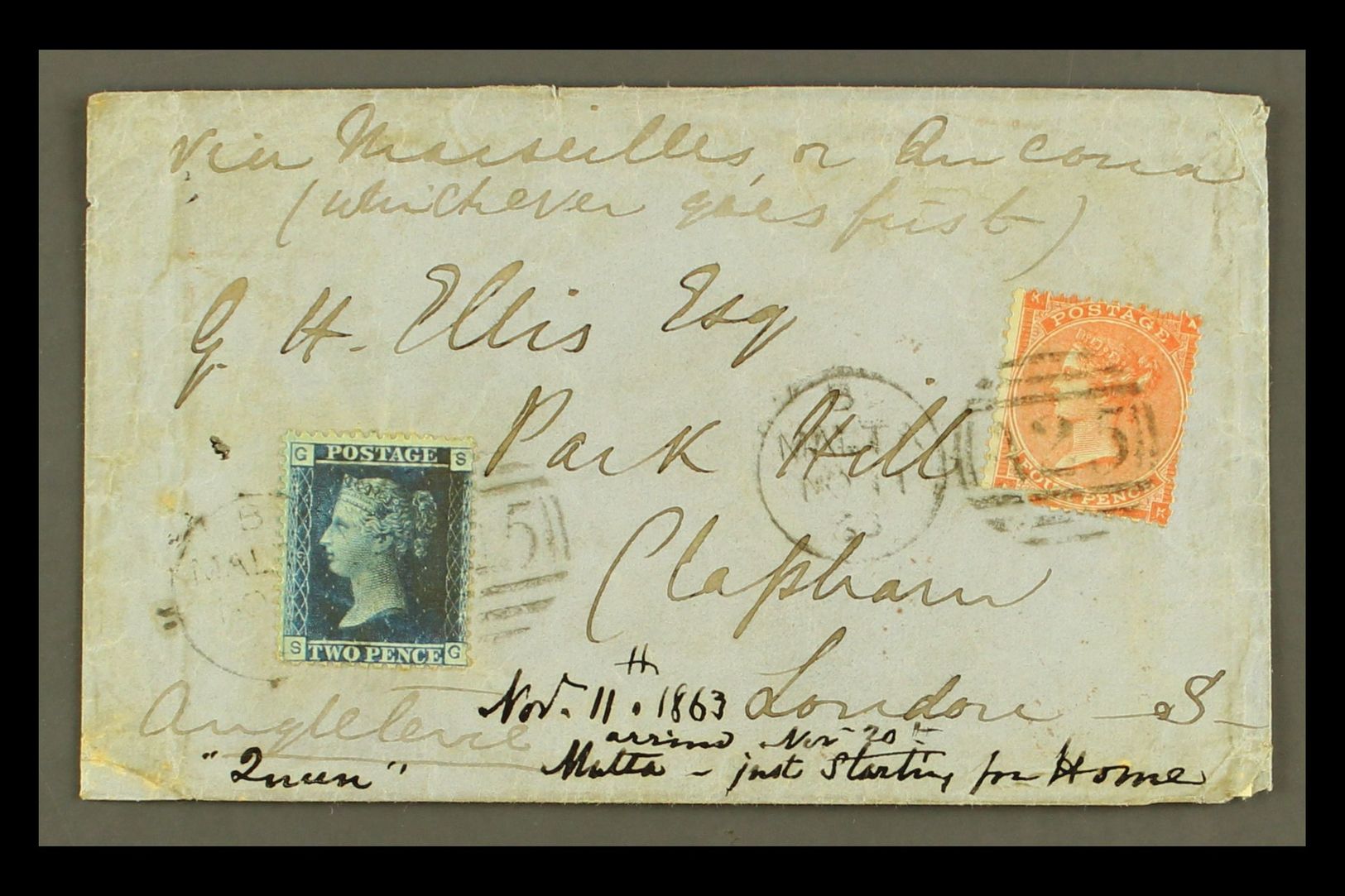 1863 COVER TO LONDON Bearing Great Britain 2d Blue, Plate 9, Plus 1862-64 4d (this With Fault), These Tied By "MALTA / A - Malte (...-1964)