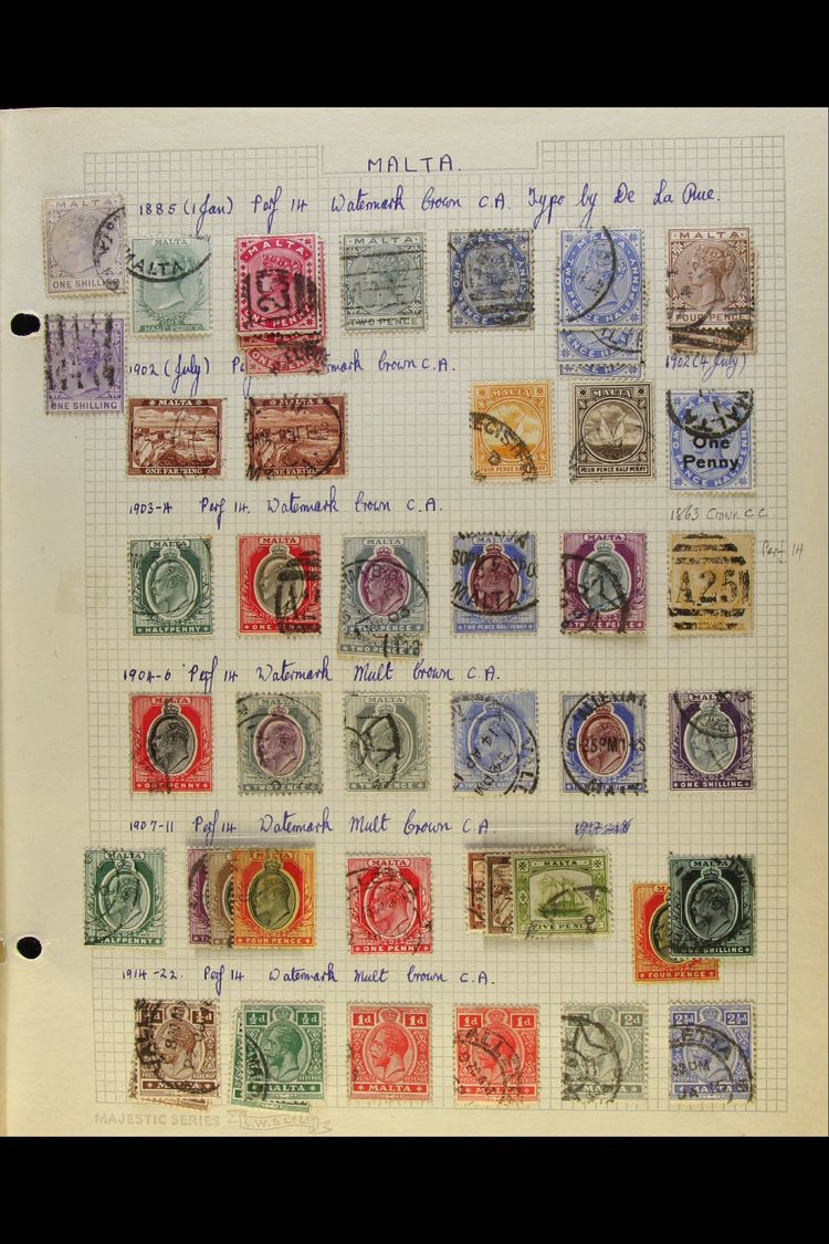 1863-1952 USED COLLECTION Presented On "Busy" Old Interleaved Pages. Includes QV To 1s Shades, KEVII To Various 1s, KGV  - Malte (...-1964)