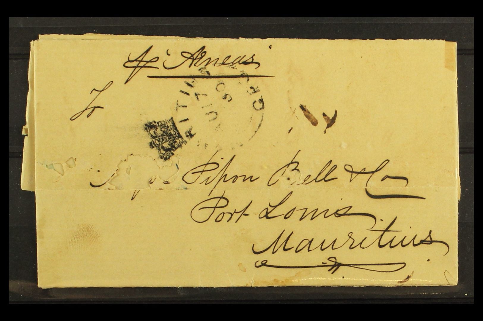 1850 (25 June) EL From Calcutta To Port Louis Endorsed "Per Arneus" With Fair Mauritius / GPO Crowned Circle Receiver Pm - Mauritius (...-1967)