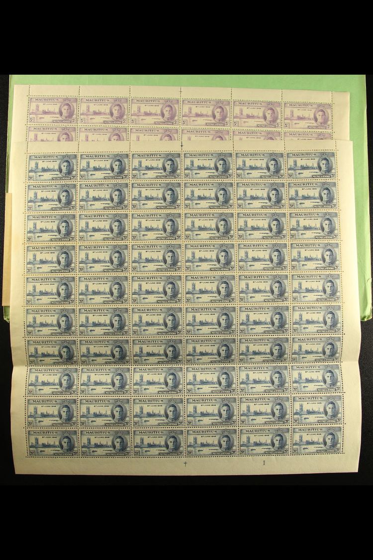 1946 Victory Set, SG 264/65, In COMPLETE SHEETS OF SIXTY, Never Hinged Mint. The 20c Sheet With "Flag On Tower" Variety  - Mauritius (...-1967)