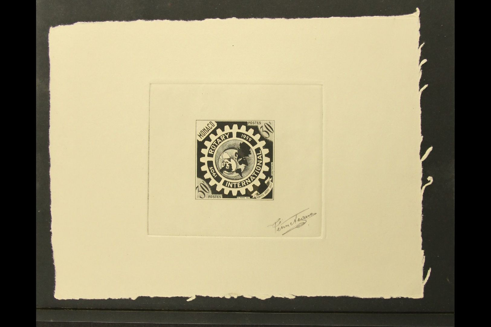 1955 50f Rotary International (as Yvert 440, SG 543) - A SUNKEN DIE PROOF In Black, Signed By The Engraver (Fenneteaux), - Autres & Non Classés