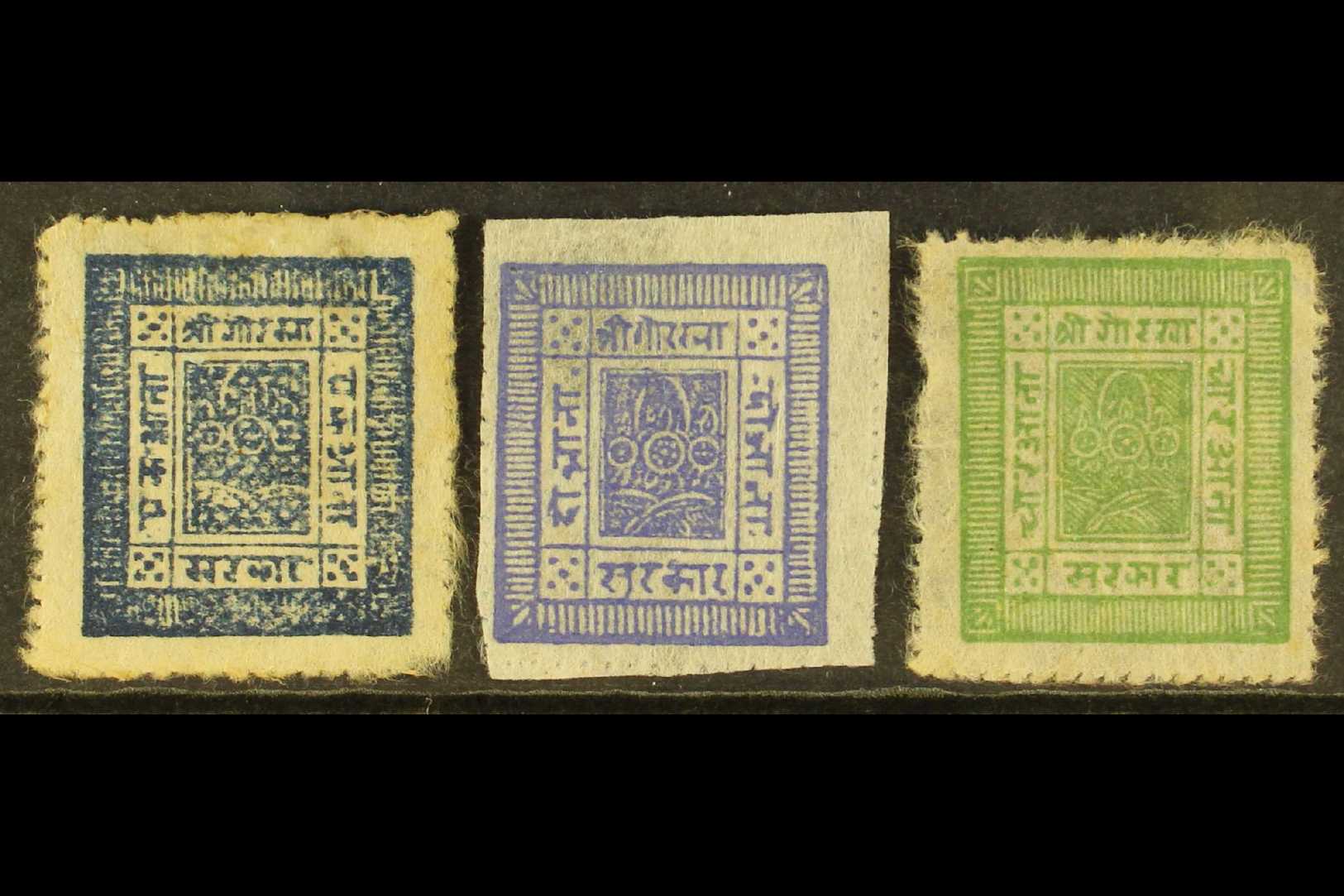1898-1903 Pin-perf Basic Set, 1a Blue, 2a Violet And 4a Yellow-green (SG 18, 20/21, Scott 18/19 & 22, Hellrigl 19, 21/22 - Népal