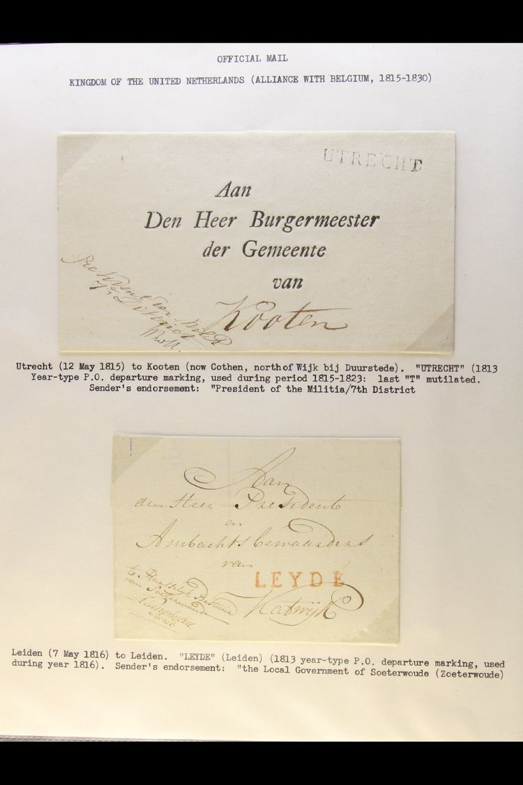 1815-1879 OFFICIAL MAIL. An Interesting Collection Of Stampless ENTIRE LETTERS Nicely Written Up On Leaves, Showing Rang - Autres & Non Classés