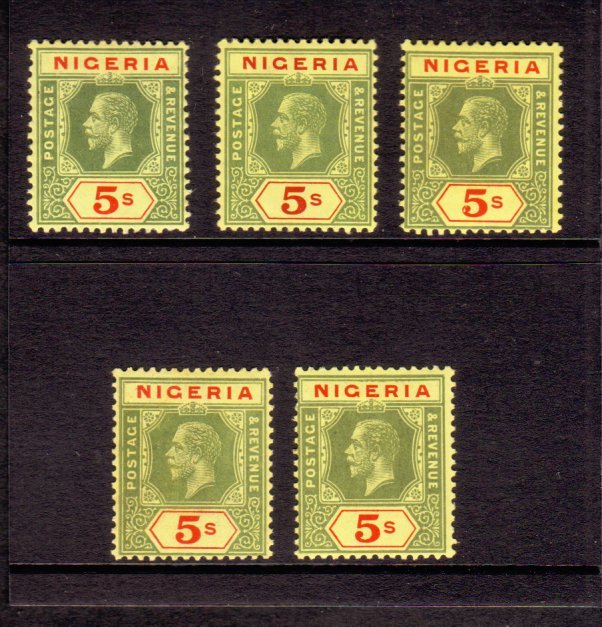 1914-29 5s Green And Red / Yellow Wmk Mult Crown CA FIVE LISTED SHADES, SG 10, 10a, 10c, 10d & 10e, Very Fine Mint. Fres - Nigeria (...-1960)