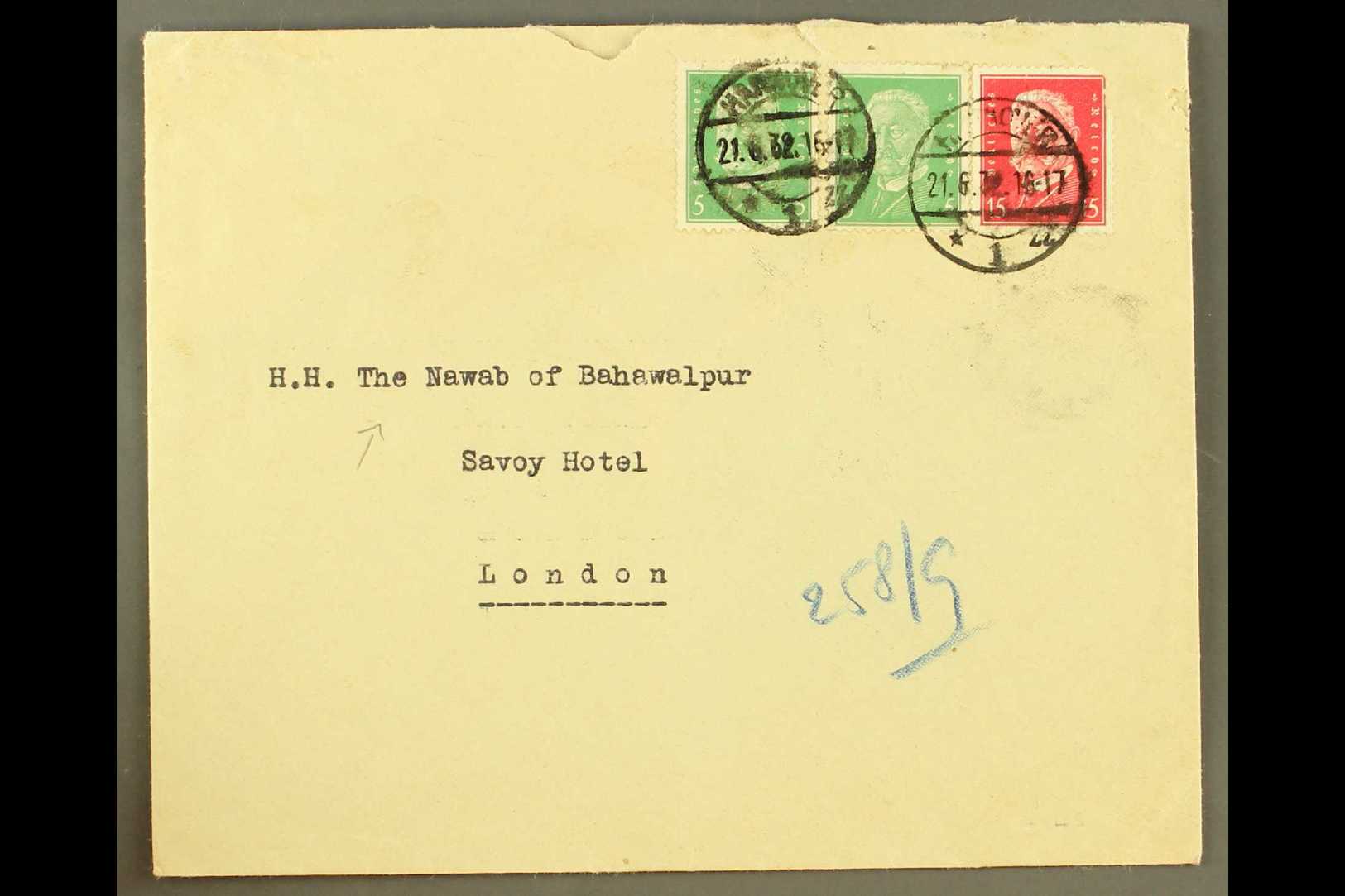 1925 INWARD COVER GERMANY TO THE NAWAB IN LONDON (June) Envelope Bearing German Stamps, To The Savoy Hotel. For More Ima - Bahawalpur