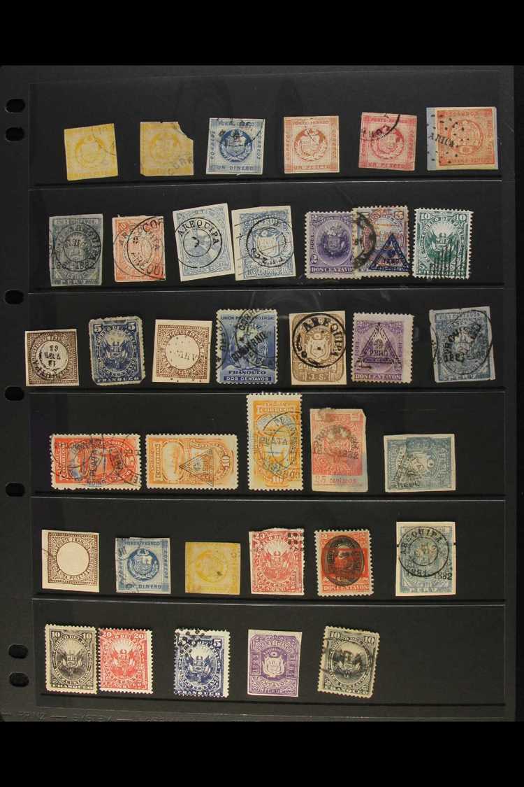 1858 - 1890s UNUSUAL ITEMS. A Single Hagner Page Showing Forgeries, War Of The Pacific Overprints & Other Items (36 Stam - Peru