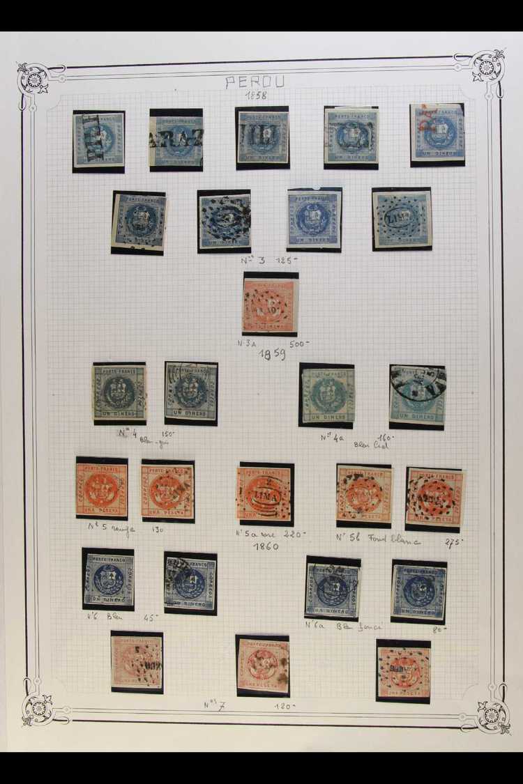 1858-73 OLD-TIME SPECIALISED COLLECTION DIFFERENT SHADES & TYPES Presented On Album Pages, We See 1858 1d Blue, Fine To  - Peru