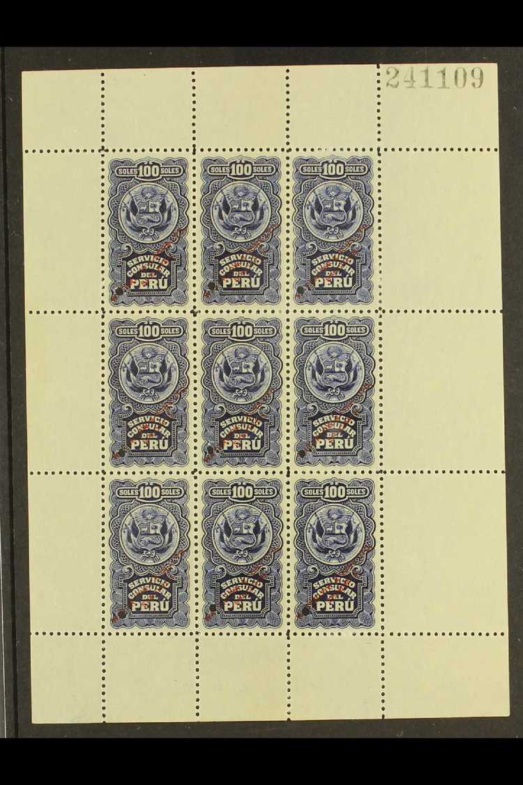 CONSULAR REVENUES WATERLOW SAMPLE PROOFS. Circa 1900 100s Blue 'Servicio Consular Del Peru' Complete SHEETLET OF 9 Print - Pérou