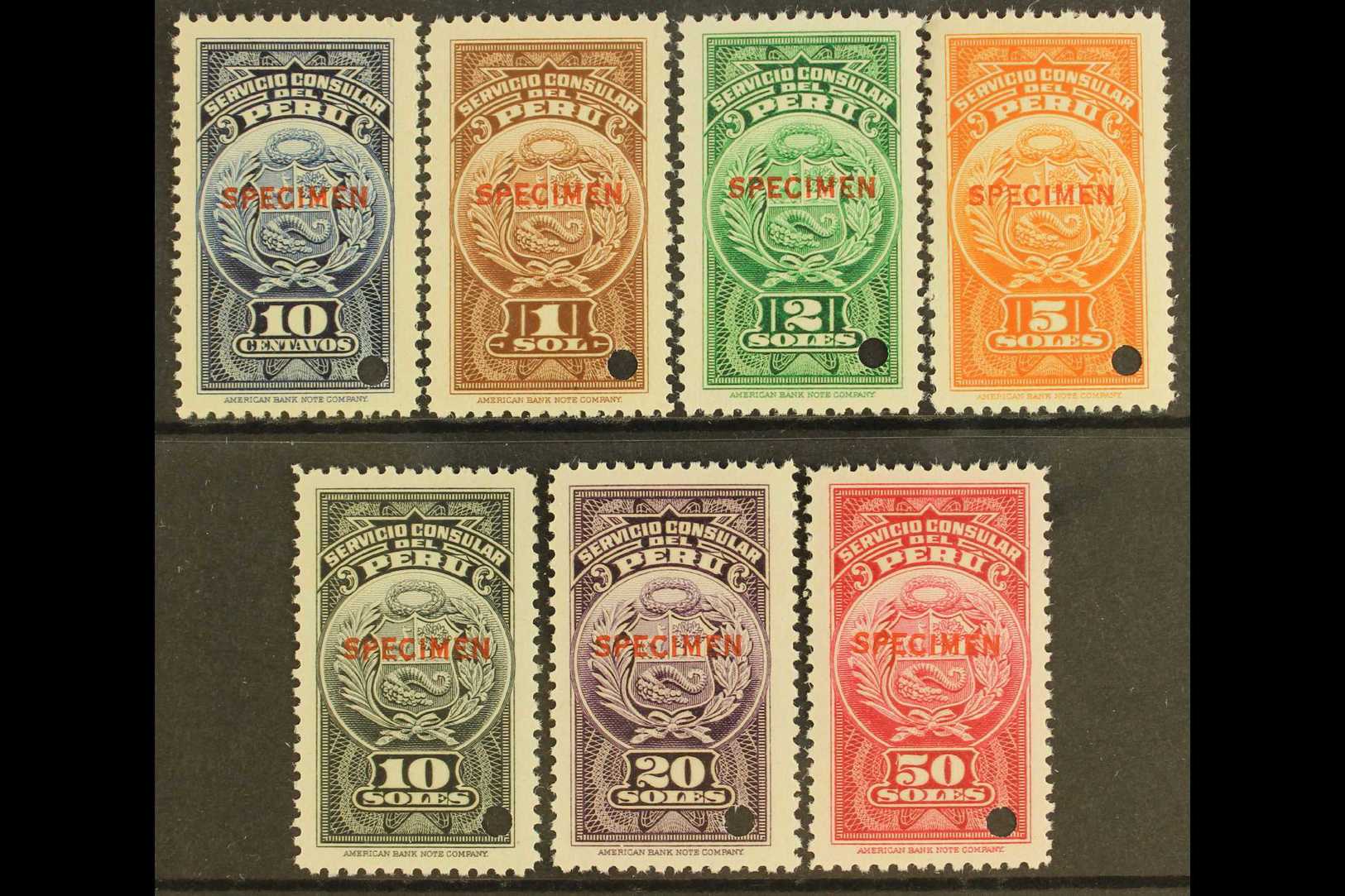 CONSULAR REVENUES 1938 Complete Set With "SPECIMEN" Overprints, Very Fine Never Hinged Mint, With Small Security Punch-h - Peru