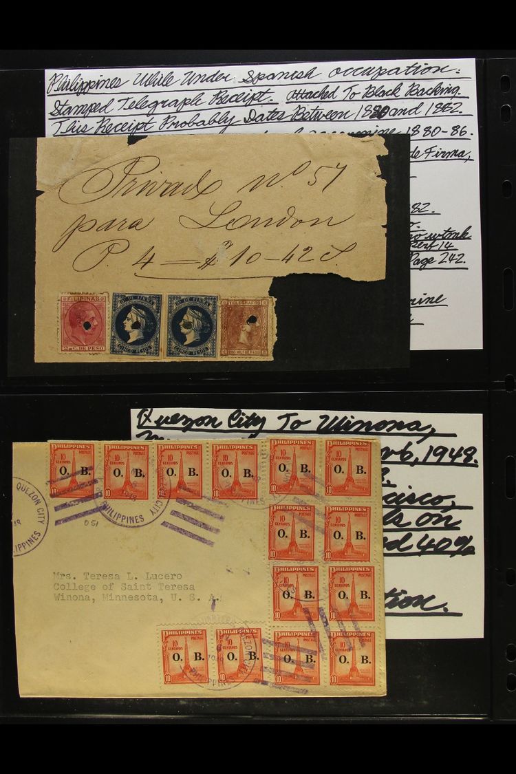 1880's-1953 COVERS. An Interesting Group On Stock Pages, Inc 1880's Telegraph Receipt (faults) Bearing Four Stamps, 1900 - Philippines